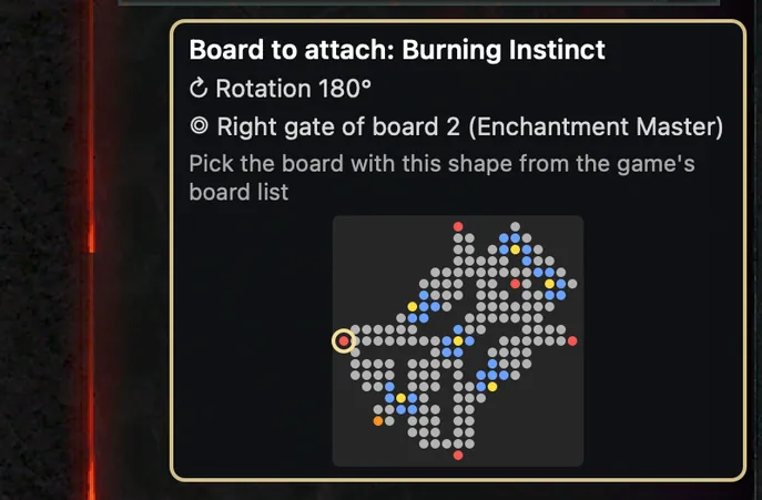 The attach card for a board at 180° with the rotated board shape as a dot diagram.
