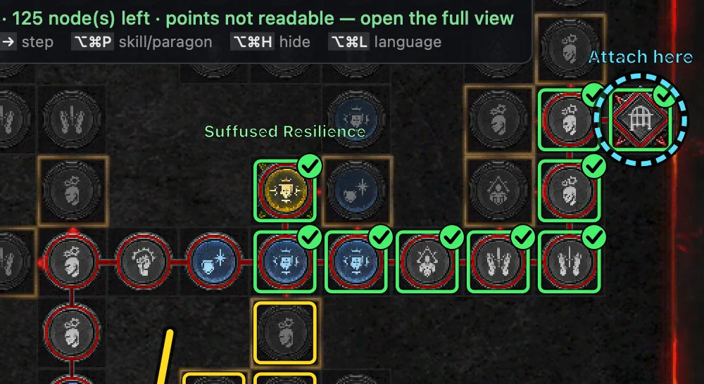 The dashed ‘Attach here’ ring on a board gate and green checks on taken nodes.