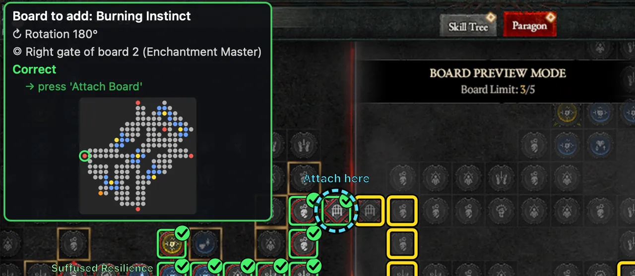 Board preview mode: the card names the board to add at 180°, says the board is right but its rotation is 90°, and shows the board's shape.