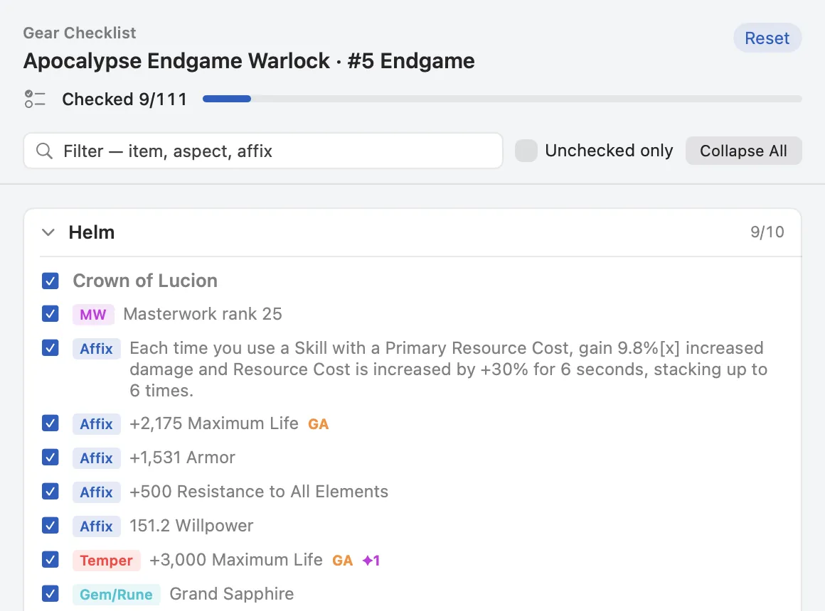 The gear checklist window: a 9/111 checked progress bar and a search field at the top, with masterwork, affixes, tempering and gems ticked for the helm.