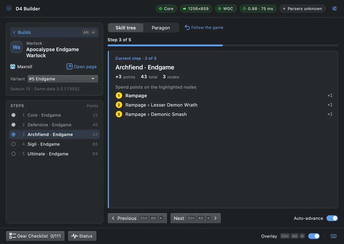 The D4 Builder main window in a Windows development build: skill tree step 3/5 with three numbered nodes to take, and previous/next buttons labelled with Ctrl+Alt hotkeys.